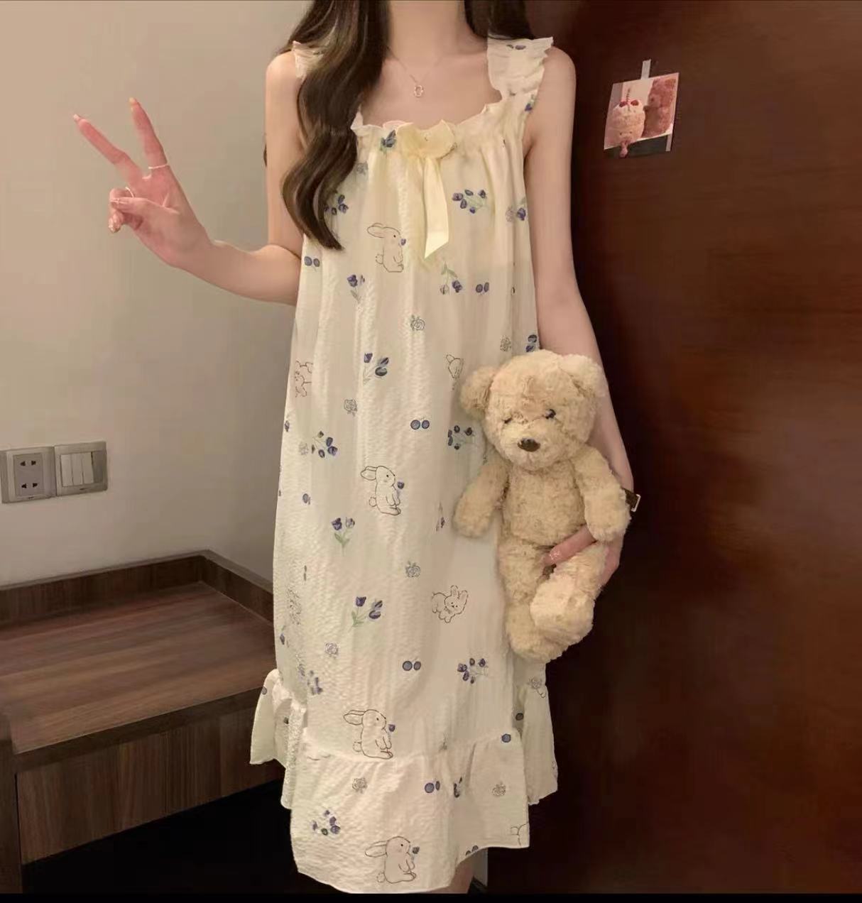 Verano nuevo pijama de algodón mujer burbuja arrugada lindos dibujos animados dulces flores literarias pijama casero al por mayor