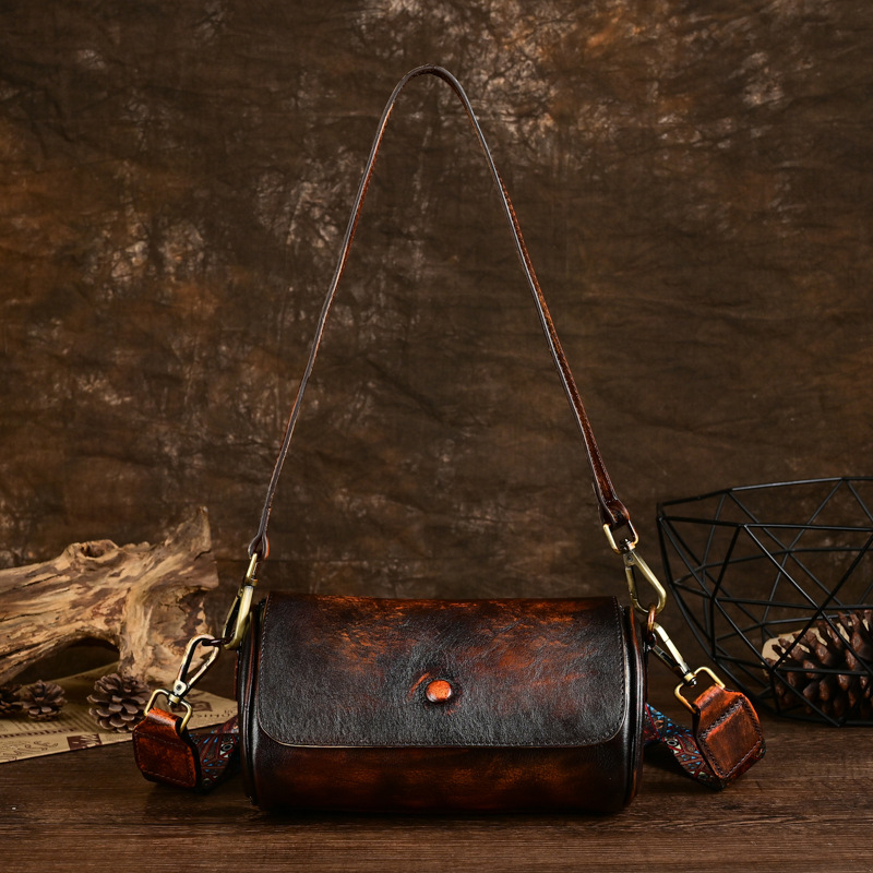 New genuine leather women's crossbody distressed and niche design, single shoulder bag, top layer cowhide cylinder bag_voghion.com