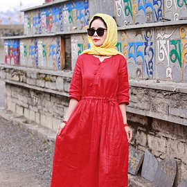品牌推广款 红袖/十木米原创2023夏季新款棉麻文艺复古红色连衣裙
