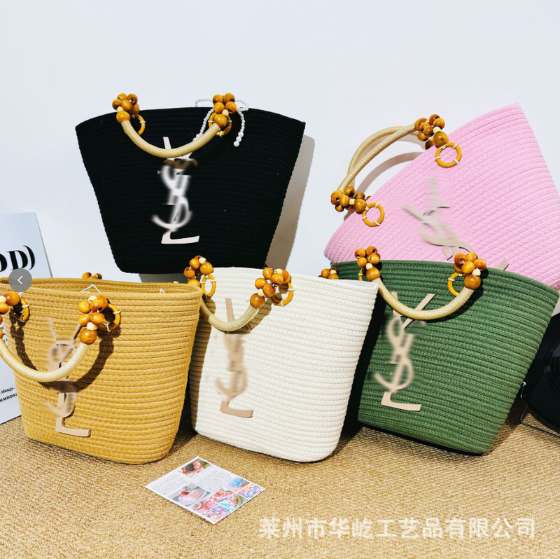 2026 New Letter Tote Bag Woven New Large-Capacity Resort-Style Beach Bag Shoulder Bag with Zipper Cotton Rope