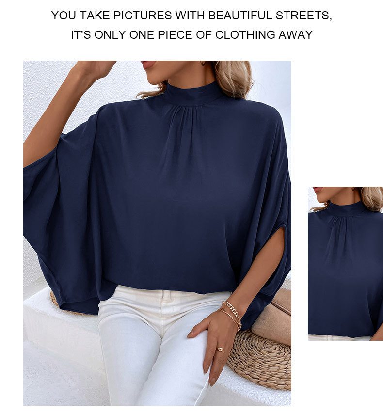 Camicia allacciata irregolare con collo a mezza tartaruga elegante tinta unita_voghion.com