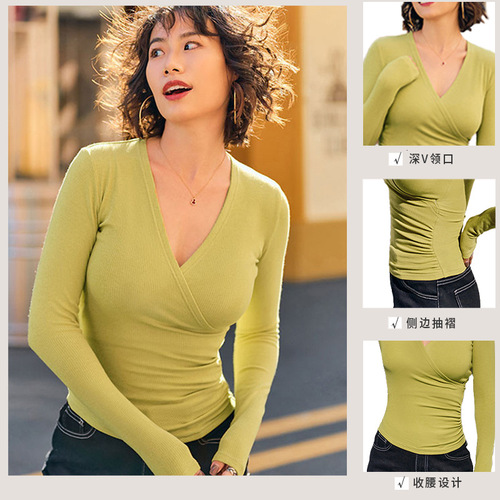 Sports Long-Sleeve Yoga Base Top Deep V-Neck Body-Hugging Pleated Waist-Slimming Slimming T-Shirt for Autumn/Winter Layering Long-Sleeve Elastic Top