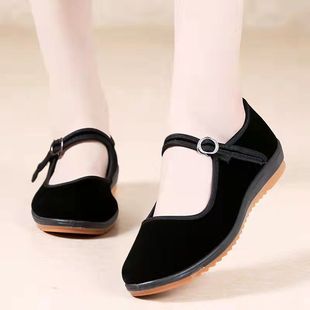 One-piece delivery black buckle women's shoes square dance hotel work flat shoes online old Beijing cloth shoes
