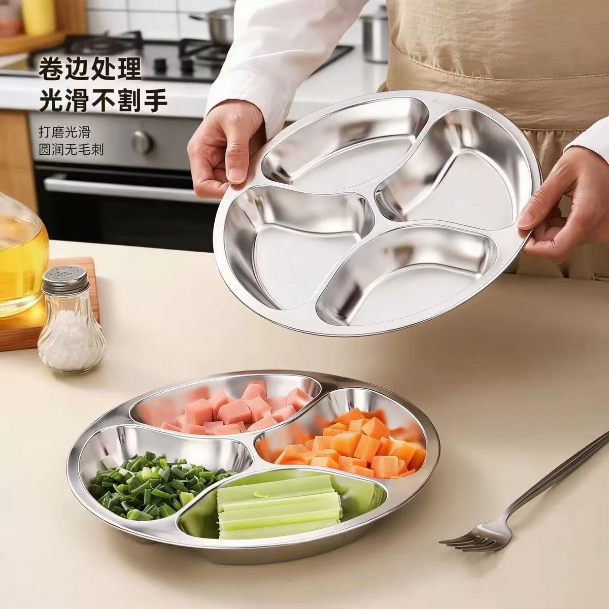 Stainless steel divided food preparation tray for home use, deepened tray for seasoning and side dishes, divided plate for hot pot and stir-fry ingredients