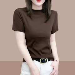 2025 夏の新無地レディース半袖 Tシャツトップ人気の女性のファッショナブルな西洋スタイルシャツハーフタートルネック