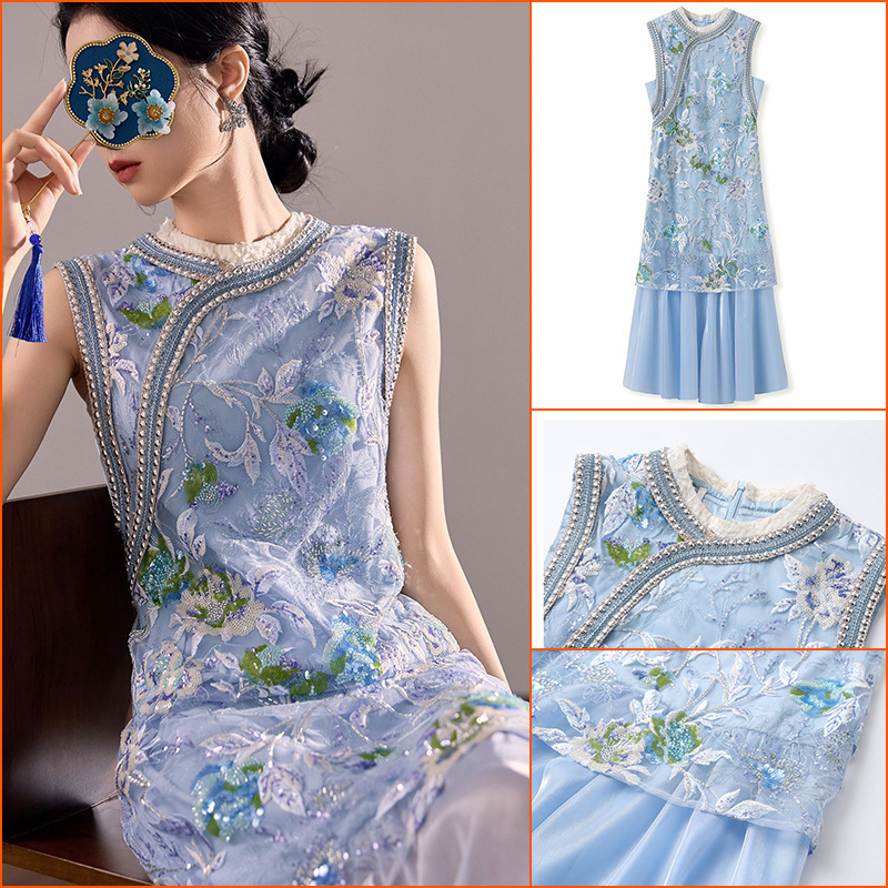 New Chinese-Style Fashion Patchwork Dress 2026 New Model Heavy Embroidery Sequin Cheongsam Dress for Women N5042
