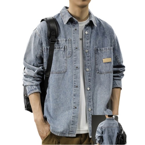American classic heavy-duty denim shirt for men, long-sleeved, spring fashion brand loose casual work jacket outerwear