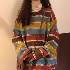 跨境美式秋冬新款宽松复古条纹针织衫上衣学院风圆领百搭毛衣外穿