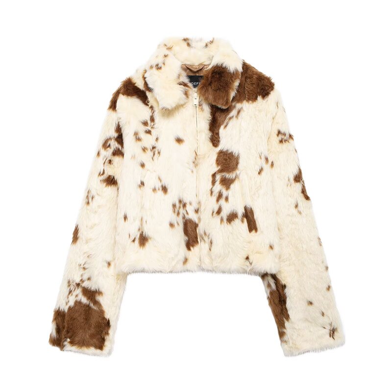 New Year's New Faux Fur Lapel Short Coat Jacket with Plush Cow-Like Faux Fur Effect