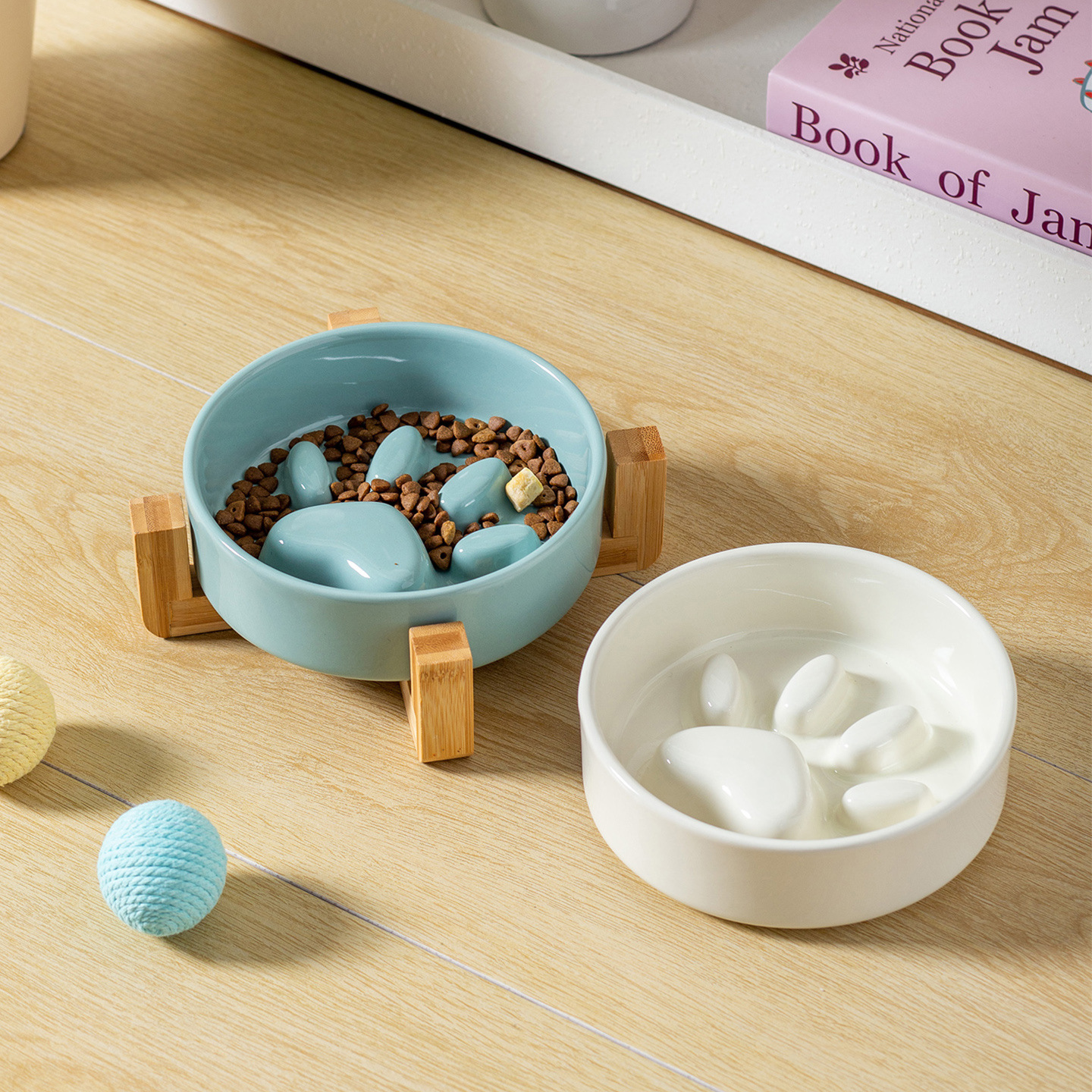 Cuenco de comida lenta de color crema de garra de gato con marco de bambú, cuenco de cerámica para perros y gatos, cuenco de comida lenta para perros, cuenco de comida para perros, cuenco anti-asfixia