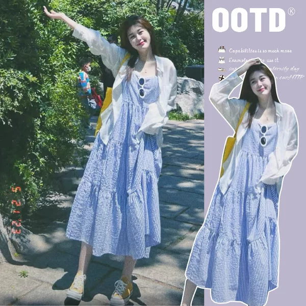in stock Spring and Summer New Striped Mid-length Pregnant Women dress Loose Sun Protection Shirt Pregnant Women Two-piece Suit