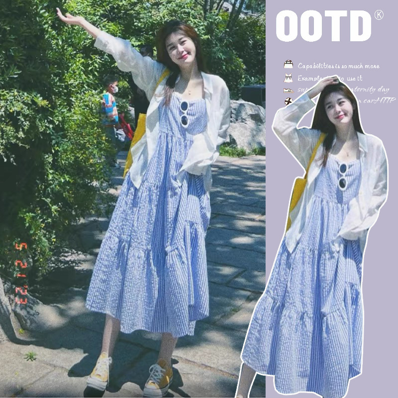 in stock Spring and Summer New Striped Mid-length Pregnant Women dress Loose Sun Protection Shirt Pregnant Women Two-piece Suit