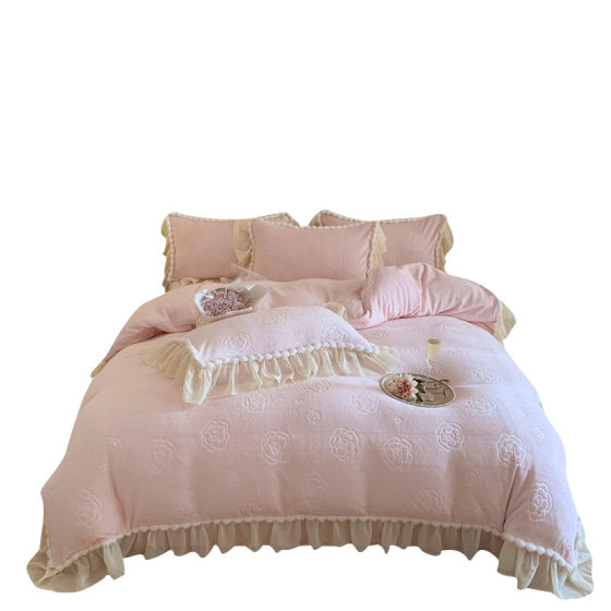 Tiktok Live Popular Milk Velvet Three-Dimensional Carved Velvet Four-Piece Set Korean Princess Style Four-Piece Set Wholesale Group Purchase