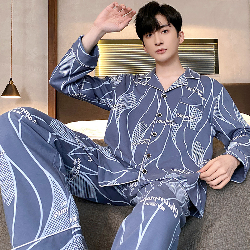 Pijamas de los hombres de primavera y otoño de manga larga casual de los hombres más el tamaño de la juventud suelta temperamento de mediana edad conjunto completo traje de moda para el hogar