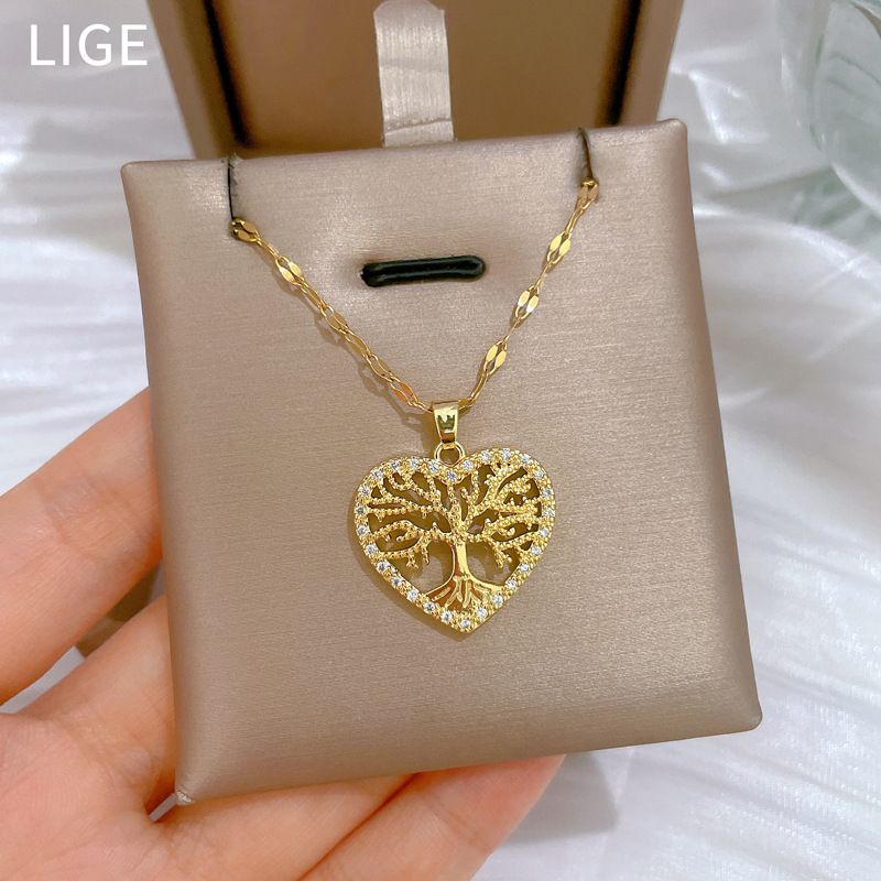 Gorgeous Tree Of Life Full Diamond Necklace Titanium Steel Chain_voghion.com