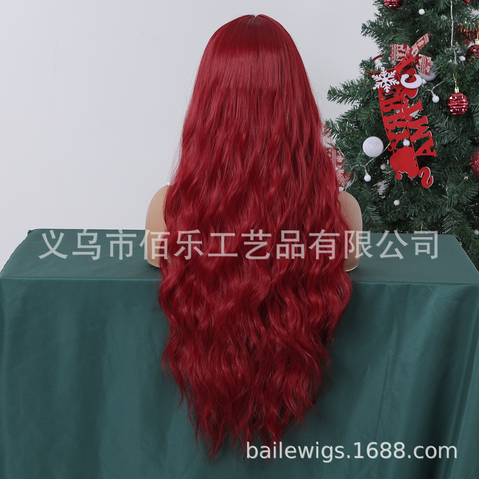 Peluca europea y americana burdeos, flequillo Qi, cabello largo y rizado, cubierta de cabeza completa, fibra química, wigs, punto transfronterizo al por mayor