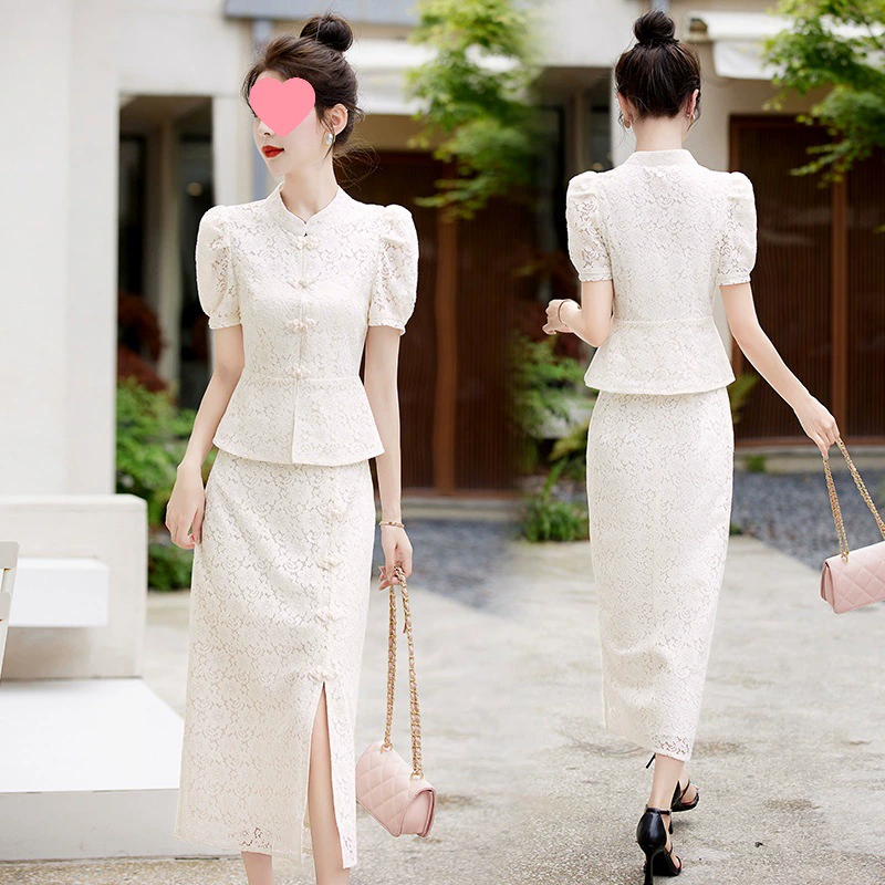 Кружевное платье-чонсам двухкомпонентный комплект для женщин, лето 2025, новое платье для мачехи, новый модный стиль 2025, зарубежный стиль