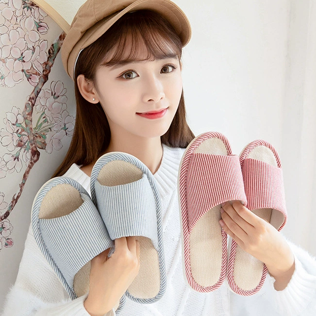 Полосатые весенне-осенние домашние тапочки из хлопка и льна, женские тапочки с деревянным полом, гостевой летний дом, мужские тапочки оптом