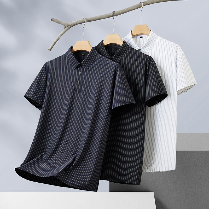 Southeast Asia plus size Men's Short-sleeved Striped Lapel Polo Shirt Fat Guy Large Loose Casual High Elastic Ice Silk Summer