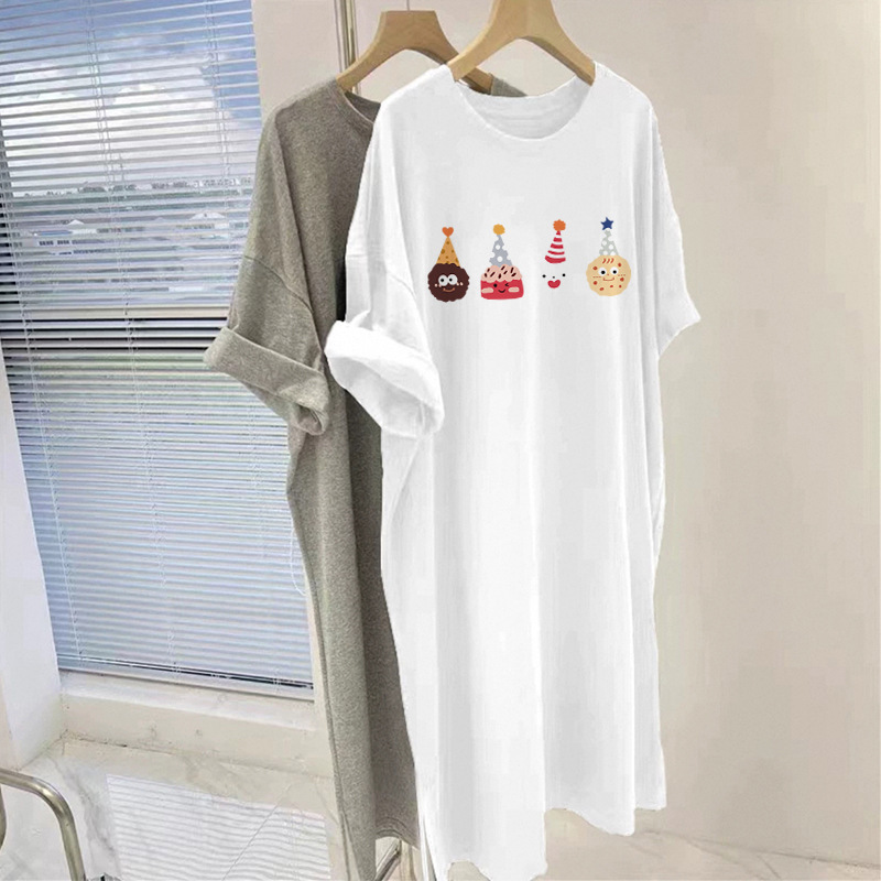 Cotton White Short-sleeved Knee T-shirt Women's Summer Loose plus size Shoulder Top Mid-length Casual dress