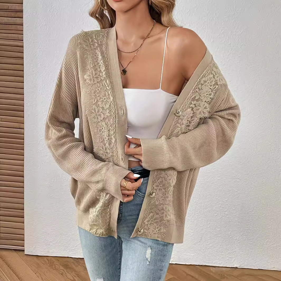 Sexy Knit Cardigan Set – Chic Open-Front Acrylic Sweater With Lace Trim (Khaki, S/M/L)_voghion.com
