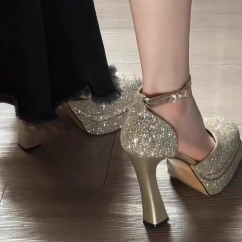 Champagne Gold Thick Heel Model Shoes for Women 2025 New Fashion Sexy Double-Layer Waterproof Platform Thick-Soled High Heels for Women