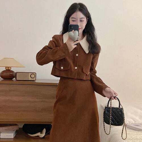 2025 Spring Autumn Fat MM Small Stature Corduroy Fashion Outerwear Little Black Dress Style Trendy Two-Piece Set for Women