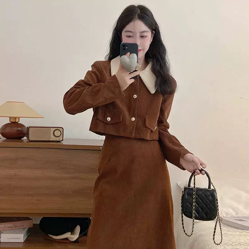 Куртка и юбка из твида, набор для девочек-подростков, воротник в стиле Chanel, осень, двуярусный комплект