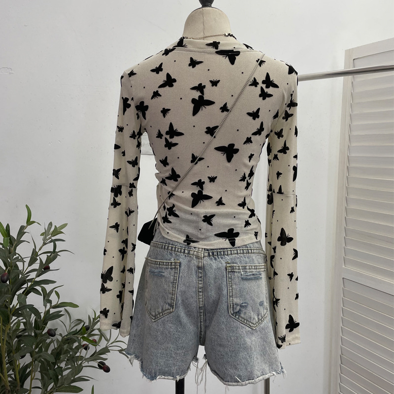 Sexy Butterfly Flocking Shiny Mesh Long Sleeve T shirt Large Bell Sleeve Short Slim Top