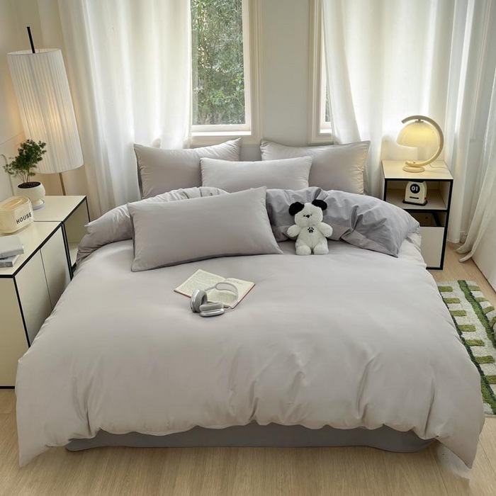 Cotton Duvet Cover Set Simple Solid Colour Four-piece Bedding_voghion.com
