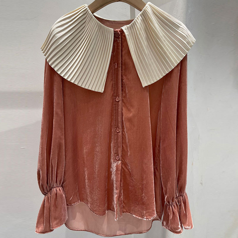 GraceChic GraceChic GraceChic Women's Fashion Station 25 New European Goods Trendy High-end Color-blocking Large Lapel Velvet Blouse Long Sleeve Shirt_voghion.com