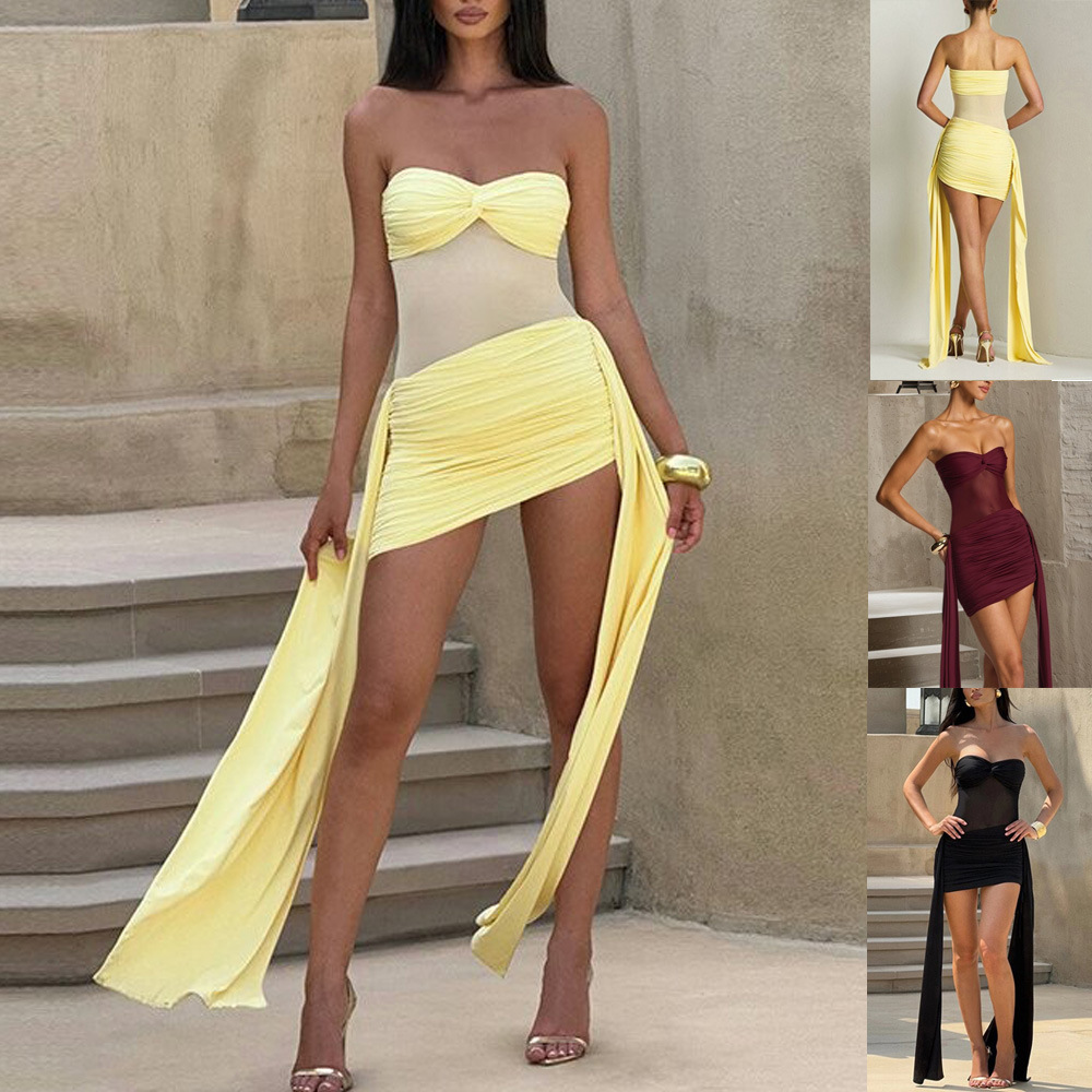 Independent Station European and American Cross-Border Women's Clothing 2025 Summer New Style Mesh Splicing Elegant Ribbon Pure Color Tube Top Dress