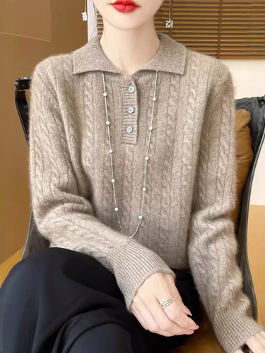 Autumn and winter 100 cardigan women's POLO collar twisted knitted base shirt loose pullover square collar sweater fine wool
