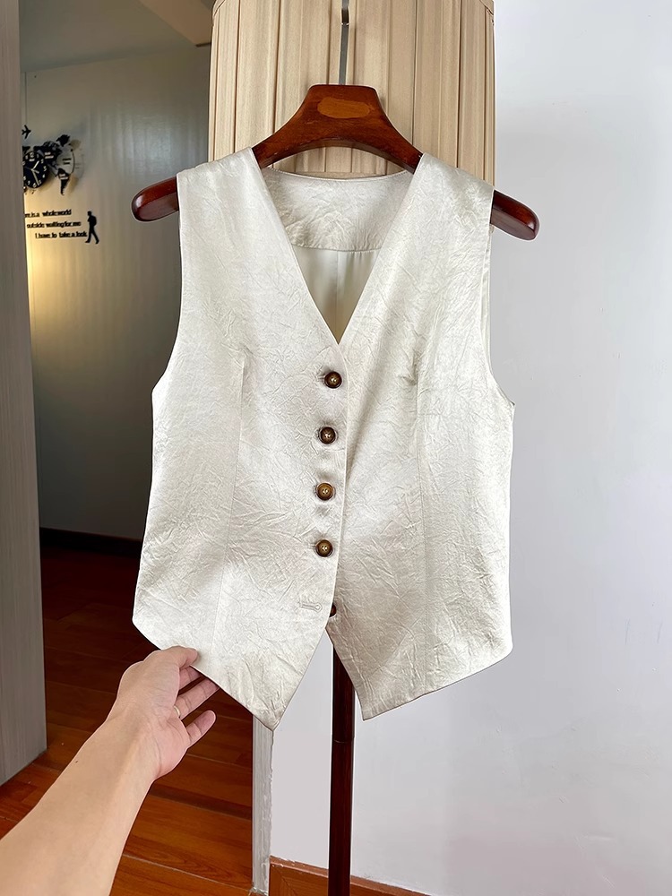 Nuevo chaleco de satén de ácido acético chino para mujer, verano nuevo estilo, temperamento de alta gama, chaleco casual, cuello en v, top sin mangas