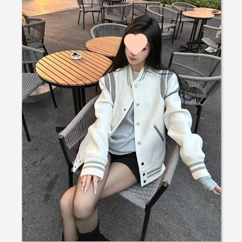 Gray American Retro Baseball Jacket for Women, Spring College Style, Unique and Stylish Patchwork Jacket