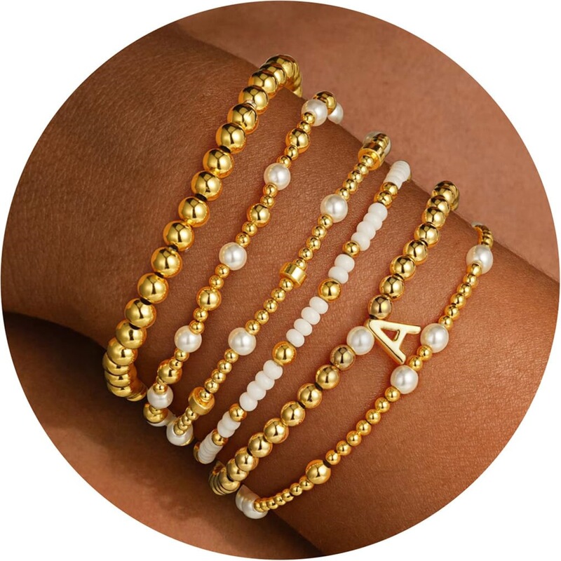 6 Piece Initials Bracelet Gold Beaded A- Z Letter Stackable suit Gifts Stackable Wrist Chain