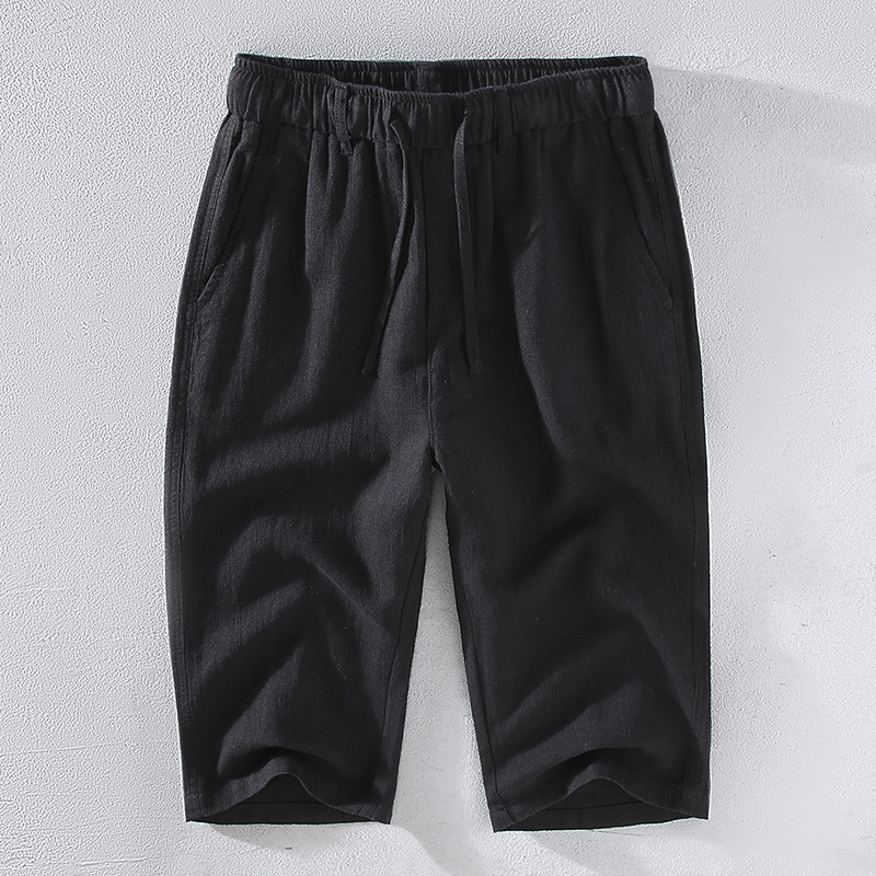 Ramie casual men's shorts for summer loose outer wear, cropped pants, thin and comfortable linen, cropped pants for men_voghion.com