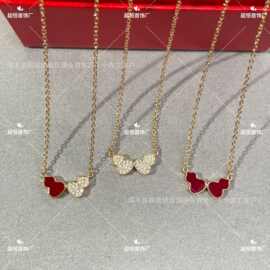 V金麒家高版本满钻红玛瑙925银双小葫芦吊坠锁骨项链套装女链条