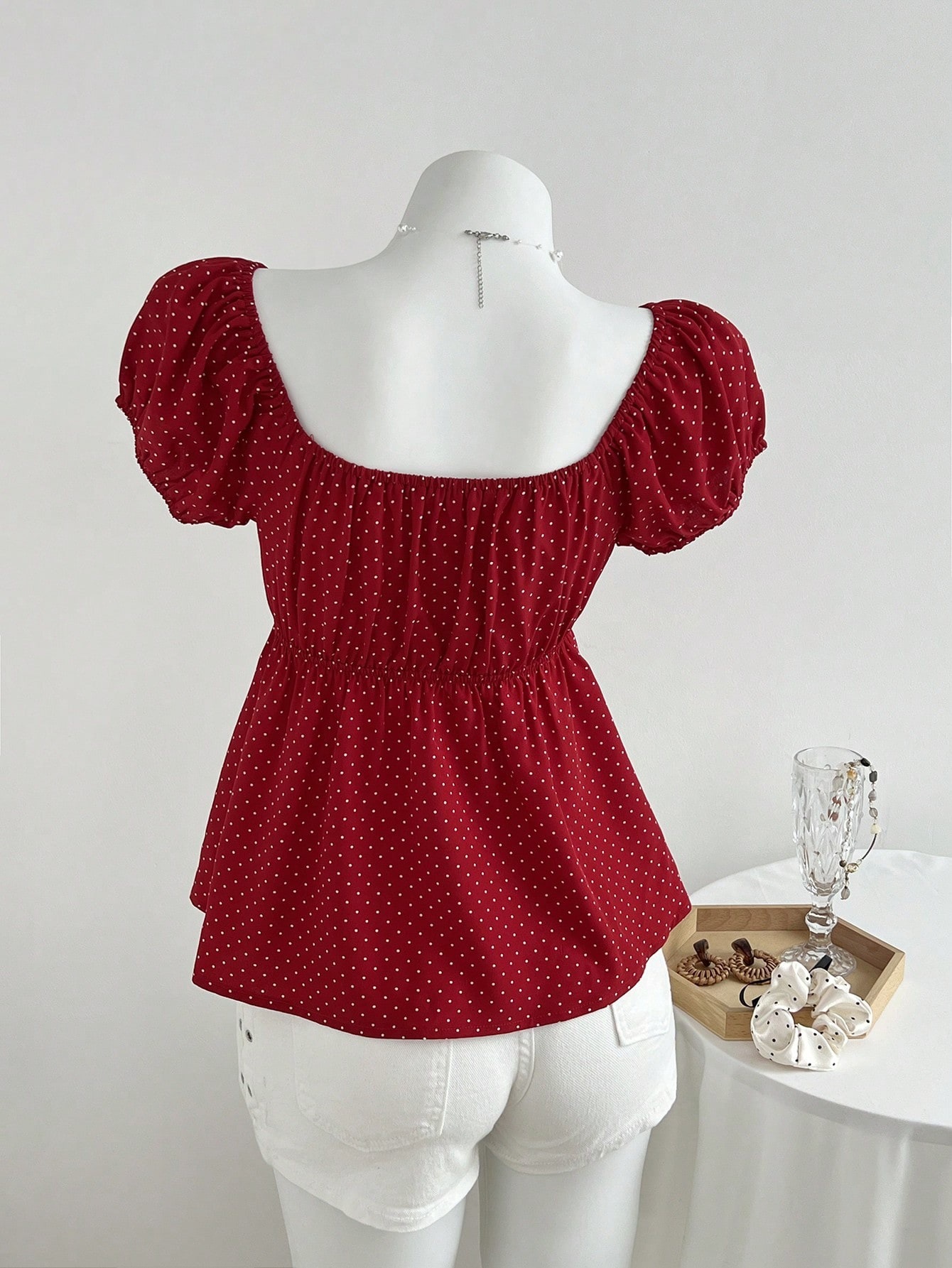Women's Summer Elegant French Style Waist Cinching Short Sleeve Square Neck Polka Dot Shirt_ecoleips.com