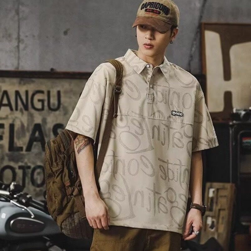 Summer Trendy Brand Full Print Short-sleeved Polo Shirt Men's Ice Silk Quick-drying Loose plus size Half-sleeved American Casual Thin Top