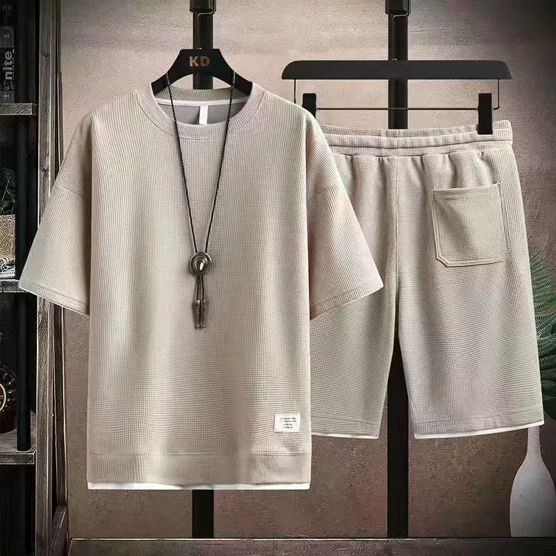 Комплект верх с коротким рукавом и брюки oversize, размеры M–5XL, текстура вафли, повседневный набор