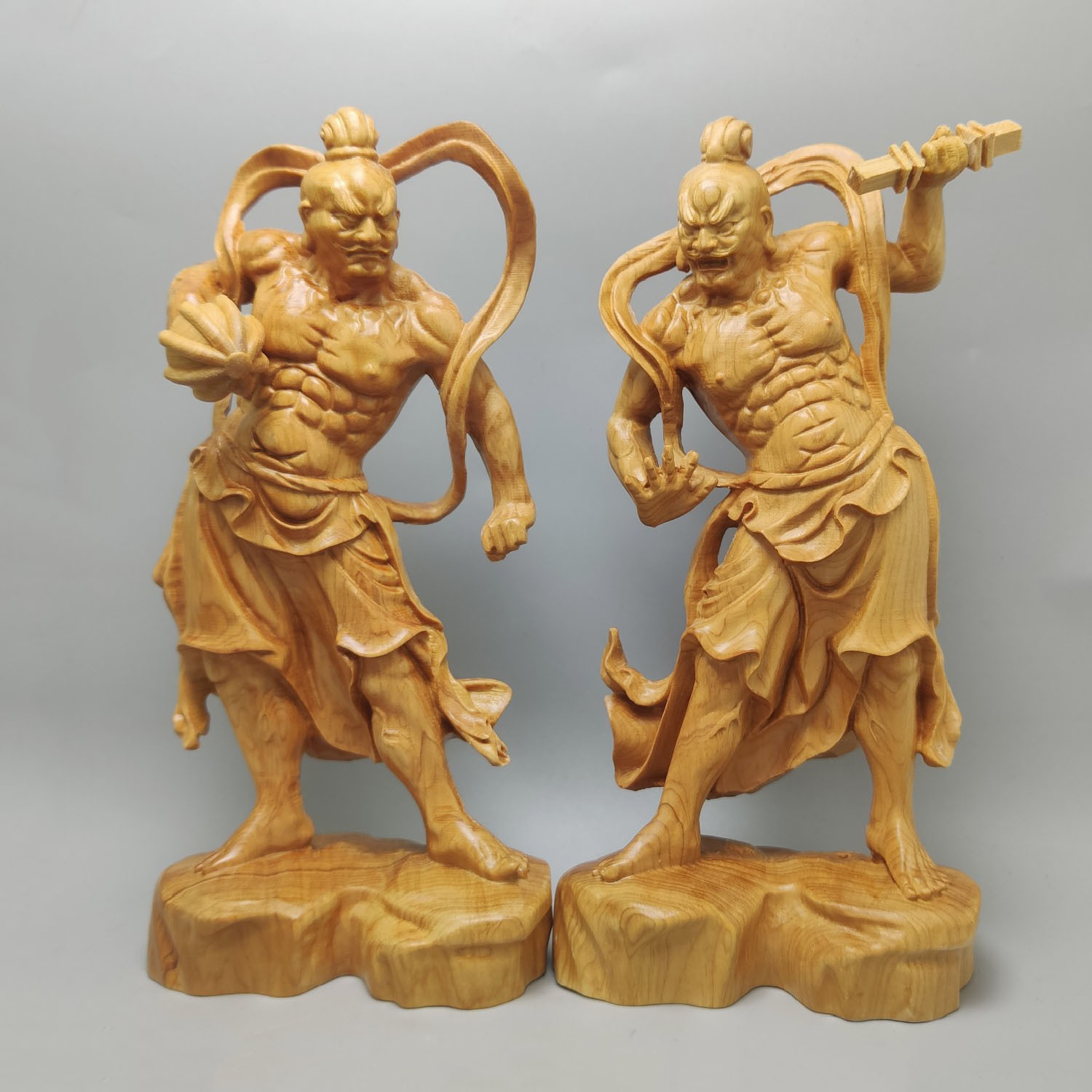 崖柏木雕哼哈二将神像摆件 门前金刚守护法家用佛堂供奉装饰礼品