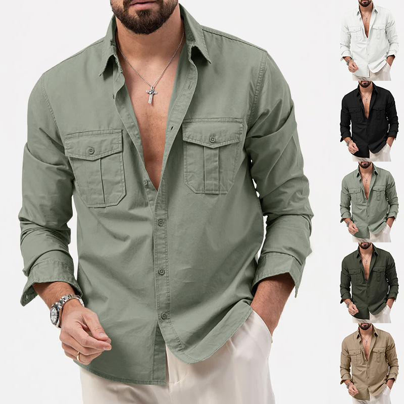 2023 new cross-border foreign trade AliExpress independent station European and American men's shirt multi-pocket casual long-sleeved shirt men
