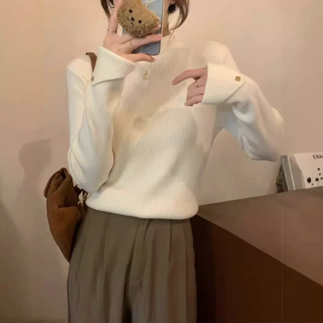 法式小香风半高领针织衫女装秋冬2024新款内搭大朗打底衫上衣毛衣