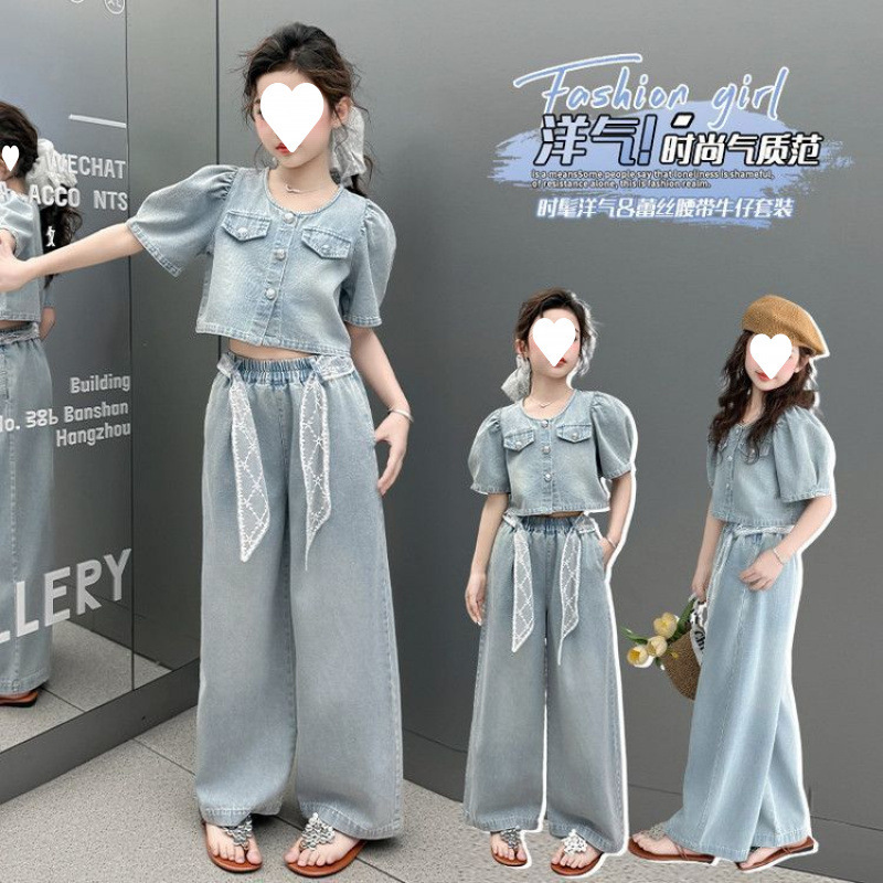 女の子スーツ 2025 新しい子供服トレンディなスタイル中大型子供夏デニム半袖アウター|undefined
