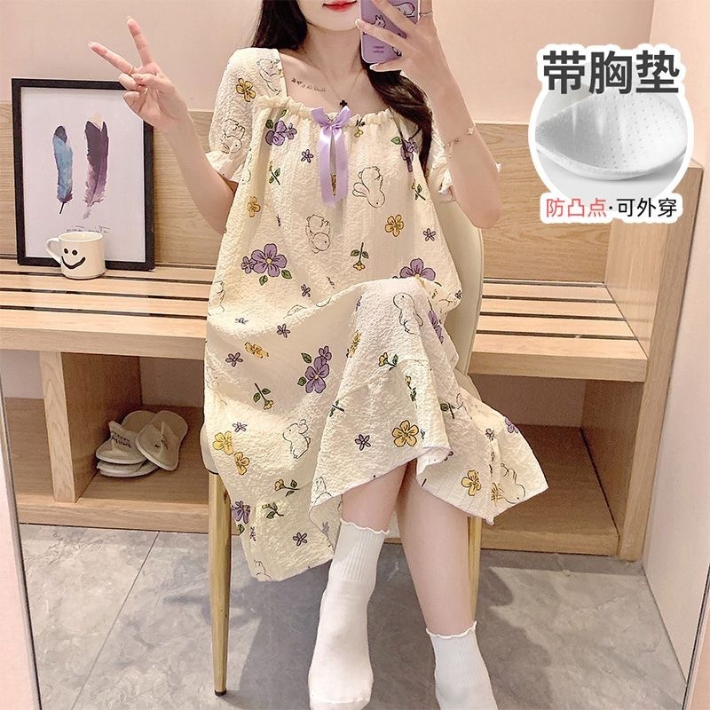 睡裙女夏季睡衣短袖带胸垫薄款可爱花朵宽松新款可外穿夏天家居服|undefined