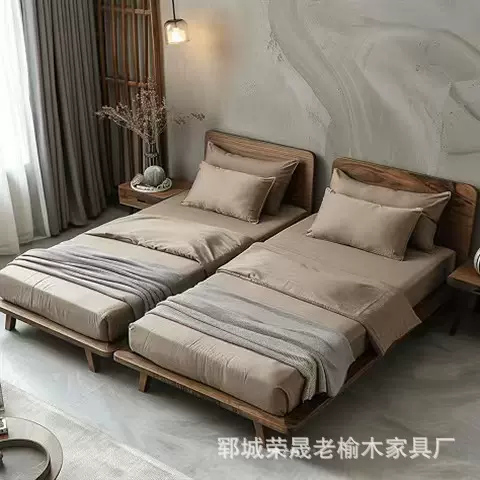 侘寂风实木单人床民宿酒店简约老榆木大床公寓榻榻米落地双人床
