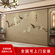 新中式手绘花鸟墙纸客厅壁画8d现代影视墙布简约电视背景墙壁纸