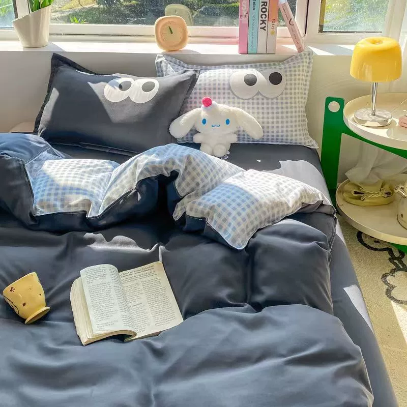 Высококачественный стильный смешанный и сочетаемый серый и синий клетчатый комплект из четырех предметов с большими глазами, пододеяльник, постельное белье, комплект из трех предметов для общежития