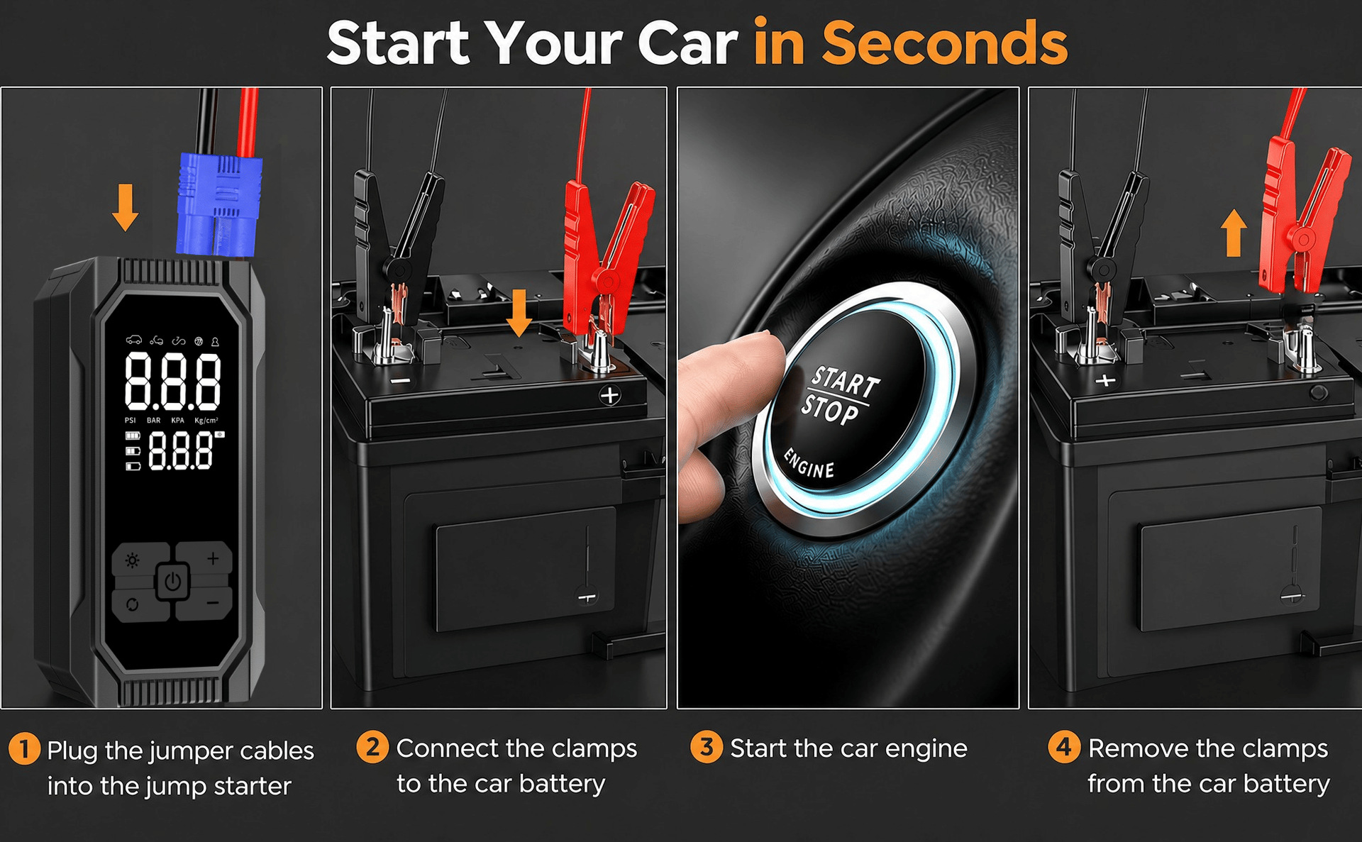 Car emergency jump starter and air pump combo, portable multi-functional digital display air pump for in-car use